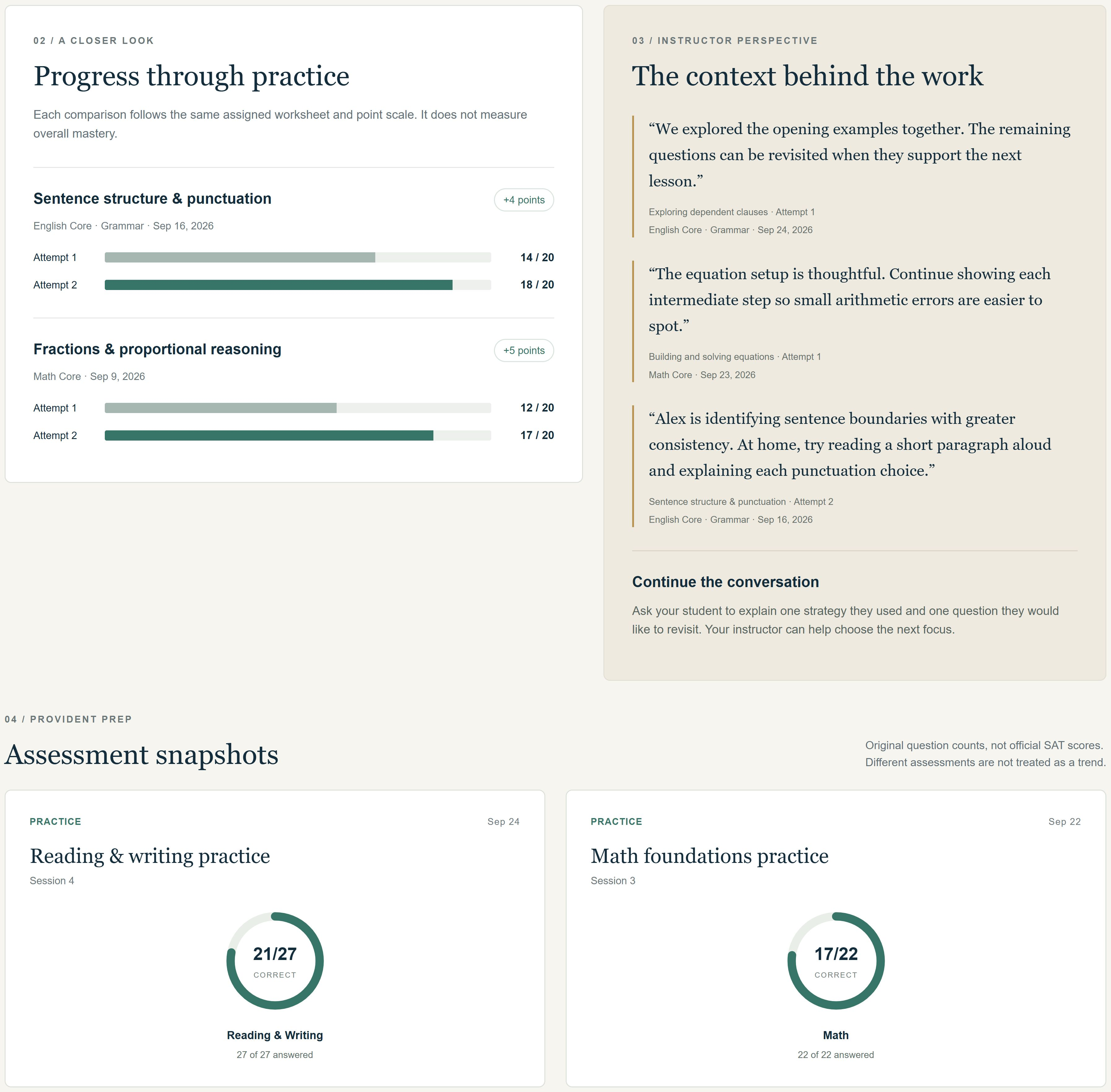 Fictional sample Family Portal report comparing two attempts in sentence structure and mathematical reasoning.
