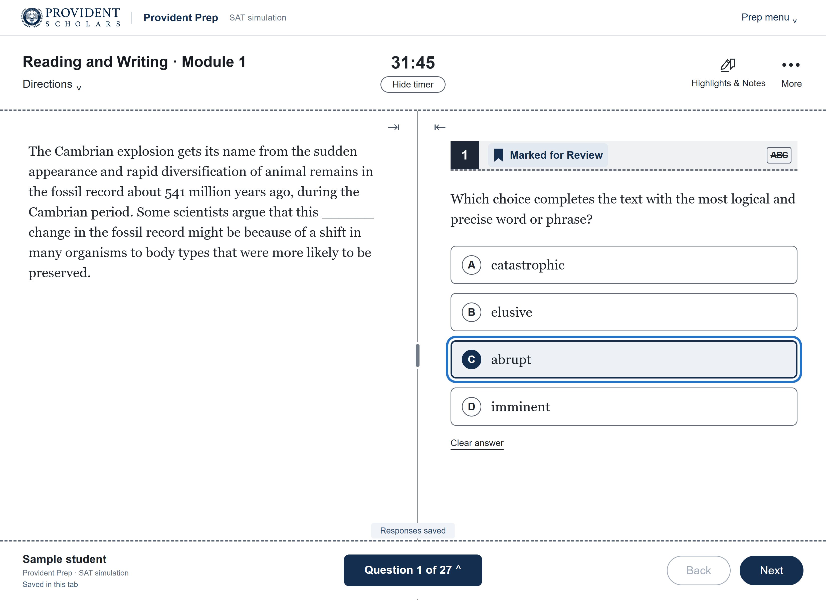 Provident Prep SAT simulation with a timed Reading and Writing module, review flag, answer choices, and question navigation.