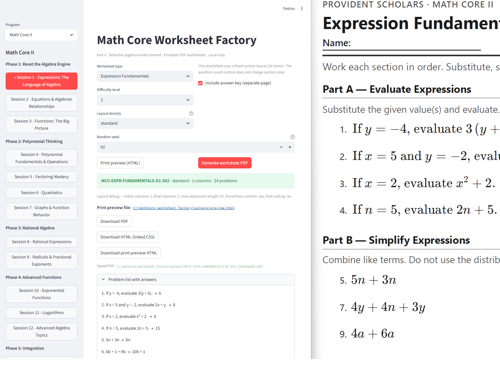 Math Core Worksheet Factory with session selection, worksheet type and difficulty controls, and a generated algebra worksheet.
